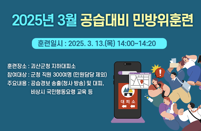 □ 2025년 3월 공습대비 민방위훈련
  - 훈련일시 : 2025. 3. 13.(목) 14:00~14:20
  - 훈련장소 : 괴산군청 지하대피소
  - 참여대상 : 군청 직원 300여명(민원담당 제외)
  - 주요내용 : 공습경보 송출(청사 방송) 및 대피, 비상시 국민행동요령 교육 등