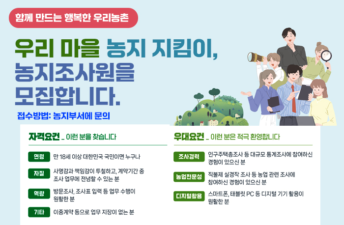 함께 만드는 행복한 우리농촌
우리 마을 농지 지킴이, 농지조사원을 모집합니다.

자격요건_이런 분을 찾습니다
연령: 만 18세 이상 대한민국 국민이면 누구나
자질: 사명감과 책임감이 투철하고, 계약기간 중 조사 업무에 전념할 수 있는 분
역량: 방문조사, 조사표 입력 등 업무 수행이 원활한 분
기타: 이중계약 등으로 업무 지장이 없는 분

우대요건 _ 이런 분은 적극 환영합니다
조사경력 : 인구주택총조사 등 대규모 통계조사에 참여하신 경험이 있으신 분
농업전문성: 직불제 실경작 조사 등 농업 관련 조사에 참여하신 경험이 있으신 분
디지털활용 스마트폰, 태블릿 PC 등 디지털 기기 활용이 원활한 분