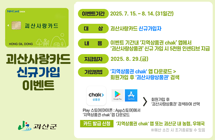 괴산사랑카드 신규가입 이벤트
괴산군로고

이벤트기간 : 2025. 7. 15. ~ 8. 14.(31일간)
대상 : 괴산사랑카드 신규가입자
내용 : 이벤트 기간내 지역상품권 chak' 앱에서 '괴산사랑상품권' 신규 가입 시 5천원 인센티브 지급 
지급일자 : 2025.8.29.(금)
가입방법: 지역상품권 chak' 앱 다운로드 > 회원가입 후 '괴산사랑상품권' 검색
카드 발급 신청 '지역상품권 chak' 앱 또는 괴산군 내 농협, 우체국
※예산 소진 시 조기종료될 수 있음