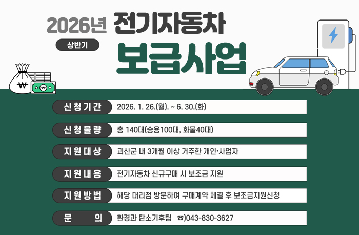2026년 전기자동차 보급사업(상반기)
신청기간:2026.1.26.(월).~6.30.(화)
신청물량: 총 140대(승용 100대, 화물40배)
지원대상:괴산군 내 3개월 이상 거주한 개인·사업자
지원내용:전기자동차 신규구매 시 보조금 지원
지원방법:해당 대리점 방문하여 구매계약 체결 후 보조금지원신청
문의:환경과 탄소기후팀 043-830-3627