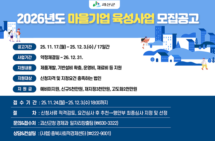 지역자원을 활용하여 지역 일자리와 수익을 창출하고 지역공동체 활성화를 도모하고자
2026년도 마을기업 육성사업을 아래와 같이 모집공고 하오니 많은 참여 바랍니다.

❍ (공고기간) ‘25. 11. 17.(월) ~ ’25. 12. 3.(수) / 17일간
❍ (사업기간) 약정체결일 ~ ‘26. 12. 31.
❍ (지원대상) 신청자격 및 지정요건 충족하는 법인
❍ (지 원 금) 예비미지원, 신규5천만원, 재지정3천만원, 고도화2천만원
- ’26년도 정부예산(안) 국회 심의 결과에 따라 변동 있을 수 있음
- 보조금은 국비 50%＋지방비 50%, 자부담 20% 별도
- 청년마을기업, 인구감소지역은 자부담 경감(20%→10%) 등 특례
❍ (지원내용) 제품개발, 기반설비 확충, 운영비, 재료비 등 지원
❍ (절 차) 신청서류 적격검토, 요건심사 후 추천→행안부 최종심사 지정 및 선정
❍ (접수기간) ’25. 11. 24.(월) ~ ‘25. 12. 3.(수) 18:00까지
- (문의 및 접수처) 괴산군청 경제과 일자리창출팀 (☎830-3322)
- (상담 및 컨설팅) (사협)충북사회적경제센터(☎222-9001)