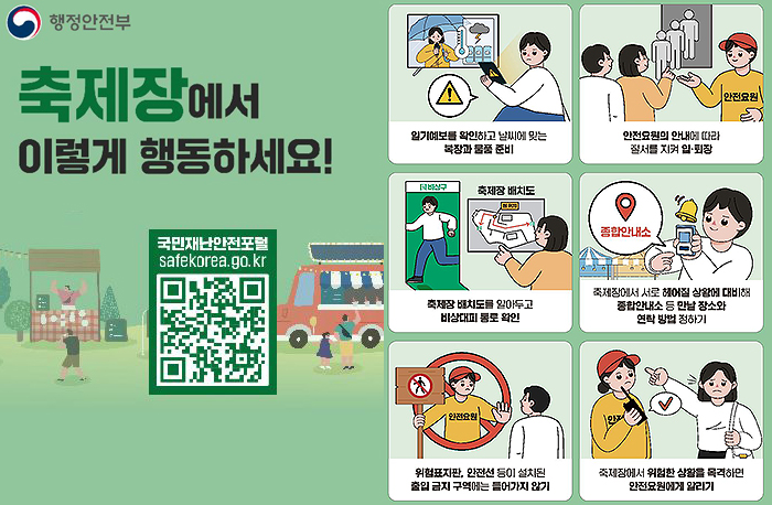 축제장에서 이렇게 행동하세요!
            (큐알코드 : http://www.safekorea.go.kr/idsiSFK/neo/sfk/cs/contents/prevent/SDIJKM5521)
            일기예보를 확인하고 날씨에 맞는 복장과 물품 준비
            안전요원의 안내에 따라 질서를 지켜 입 ·퇴장
            축제장 배치도를 알아두고 비상대피 통로 확인
            축제장에서 서로 헤어질 상황에 대비해 종합안내소 등 만날 장소와 연락 방법 정하기
            위홈표지판, 안전선 등이 설치된 출입 금지 구역에는 들어가지 않기
            축제장에서 위험한 상황을 목격하면 안전요원에게 알리기
